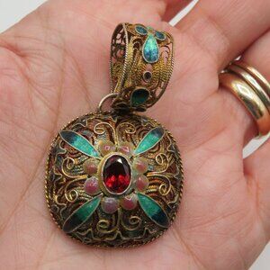 Vintage Gilt Sterling Filigree Enamel Garnet Accent Pendant